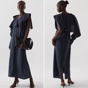 COS Asymmetric Midi Dress Ruffle Neckline Navy Blue Size 10 8